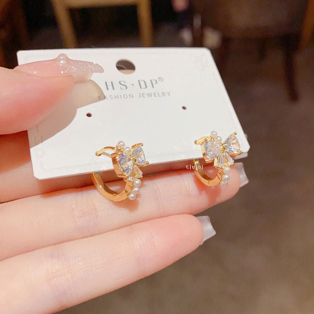 크리스탈 리본 14K 진주 원터치 링귀걸이 알러지없는 이어링 - 상세 이미지 2
