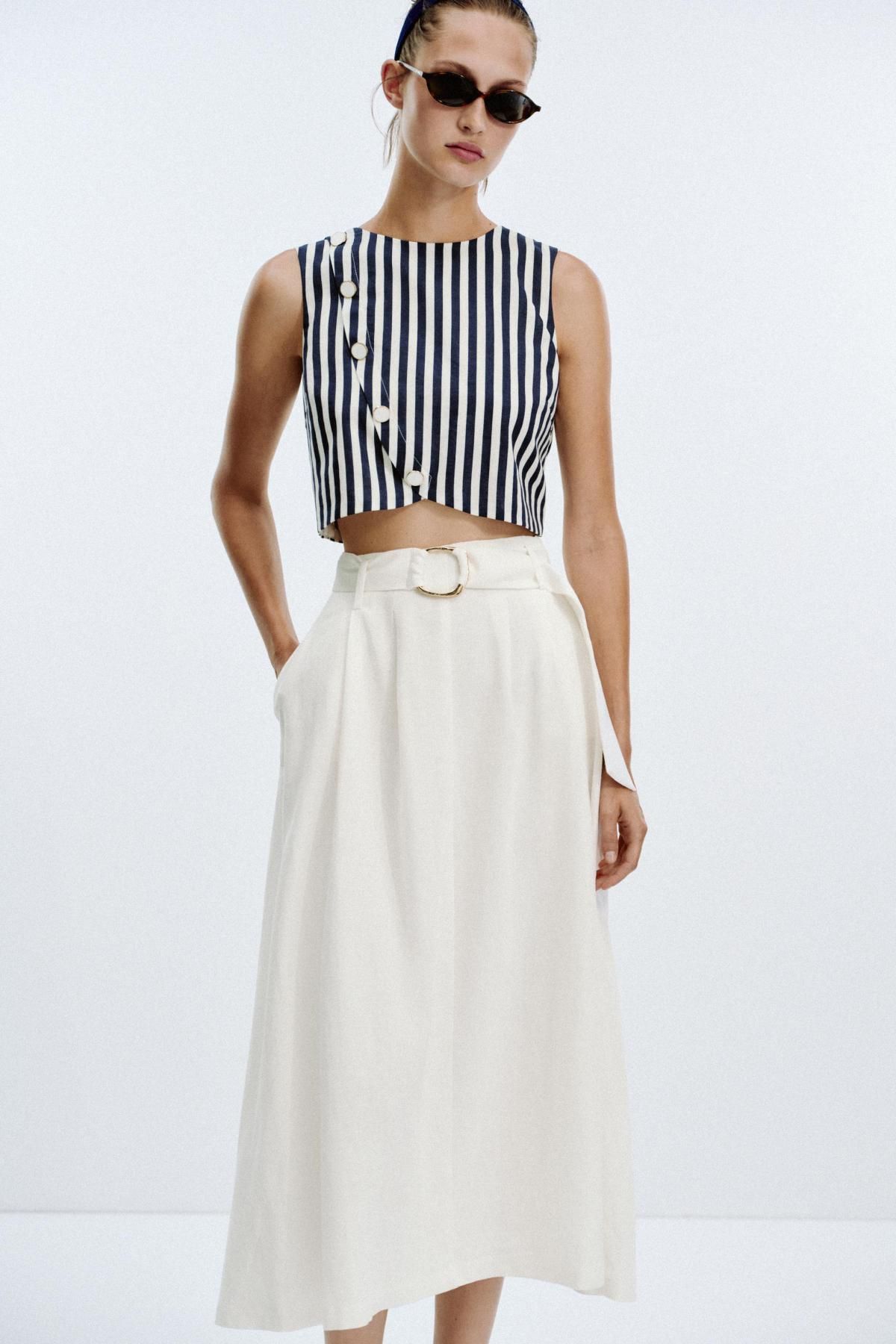 자라 린넨블렌드 스트라이프 벨티드 롱 원피스 8539/393 OYSTER-WHITE - 상세 이미지 3