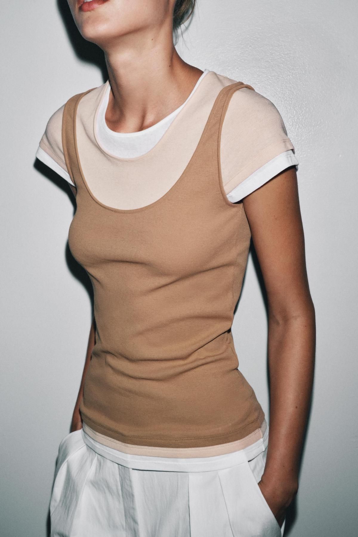 자라 레이어드 슬림핏 라운드넥 반팔 티셔츠 4786/452 LIGHT BROWN - 상세 이미지 4