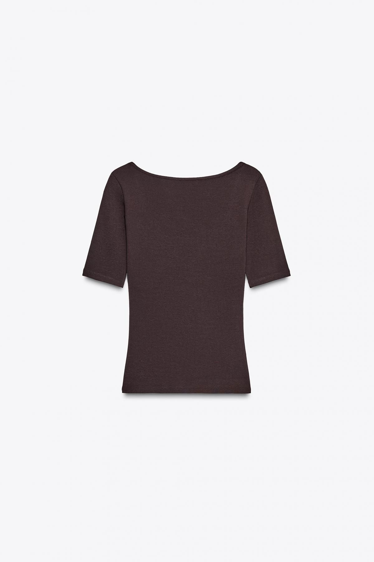 자라 모달 코튼 슬림핏 브이넥 반팔 티셔츠 3641/702 AUBERGINE - 상세 이미지 5