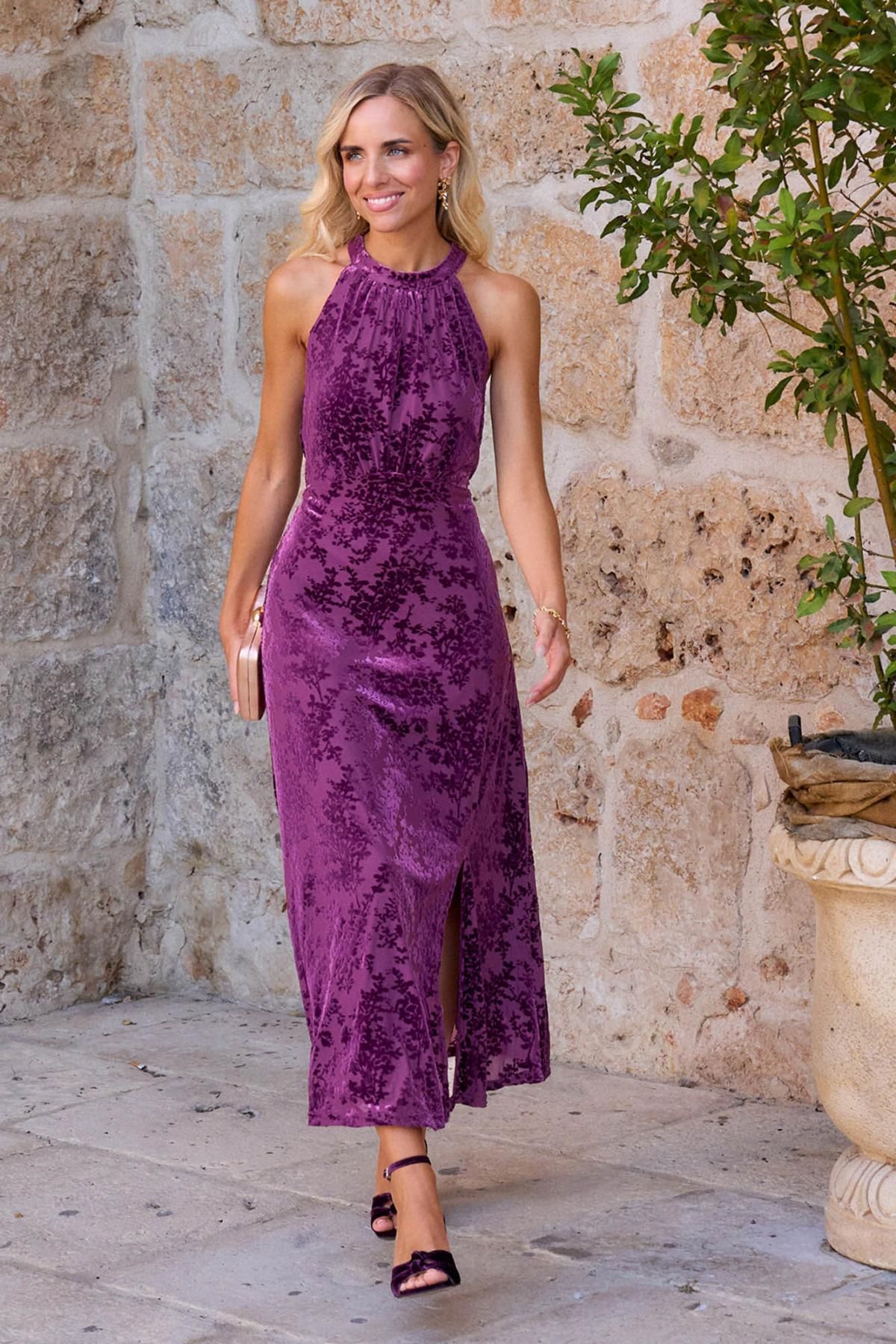 폴린에무아 라벤더 패턴 롱원피스 홀터넥 슬림핏 6442296 MORADO - 메인 이미지
