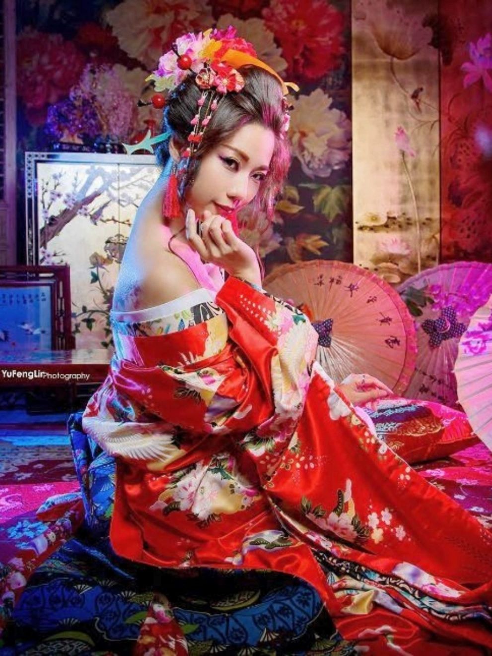 여성용 파티 코스튬 여자 졸업사진 전통 의상 유카타 기모노 코스프레 오이란 일본 레드 플라워 한 세트 맞춤 키 체중 5일 내 발송 - 상세 이미지 2