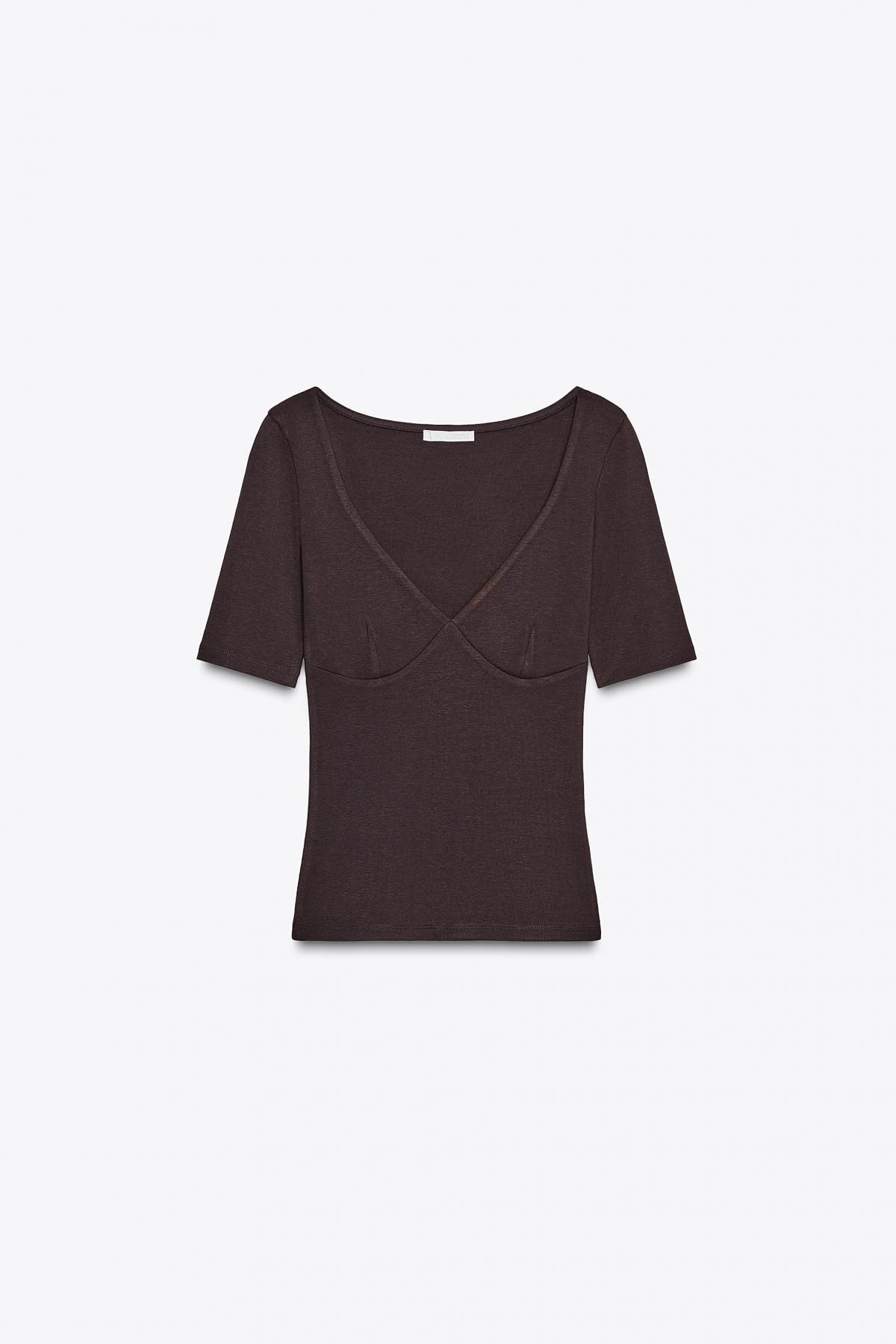 자라 모달 코튼 슬림핏 브이넥 반팔 티셔츠 3641/702 AUBERGINE - 메인 이미지