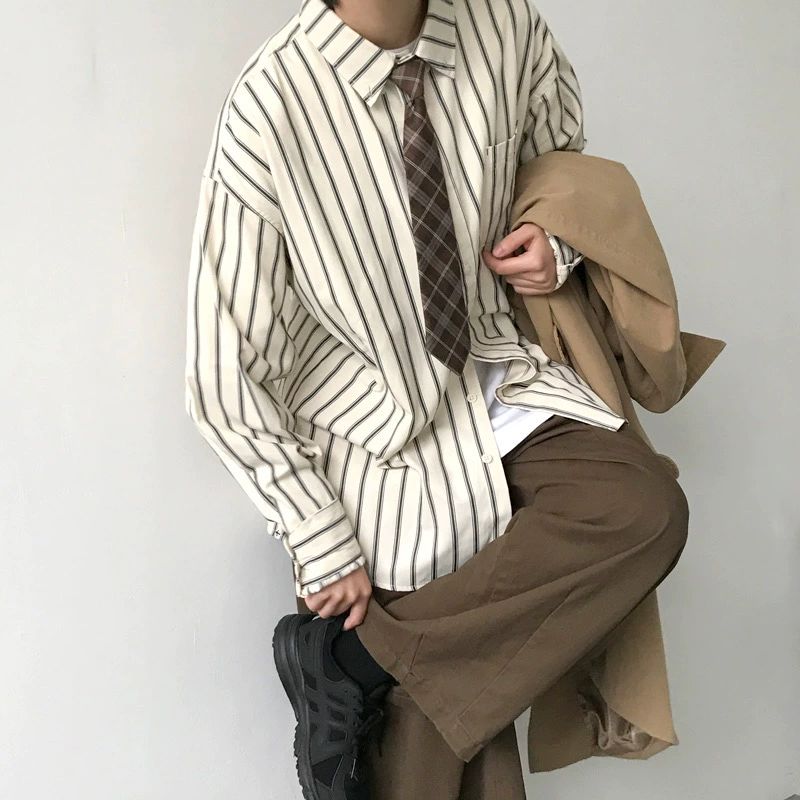 스프라이트 캐주얼 남성 긴팔 줄무뉘 카키 50 면직물-50 폴리에스터 M - 상세 이미지 2