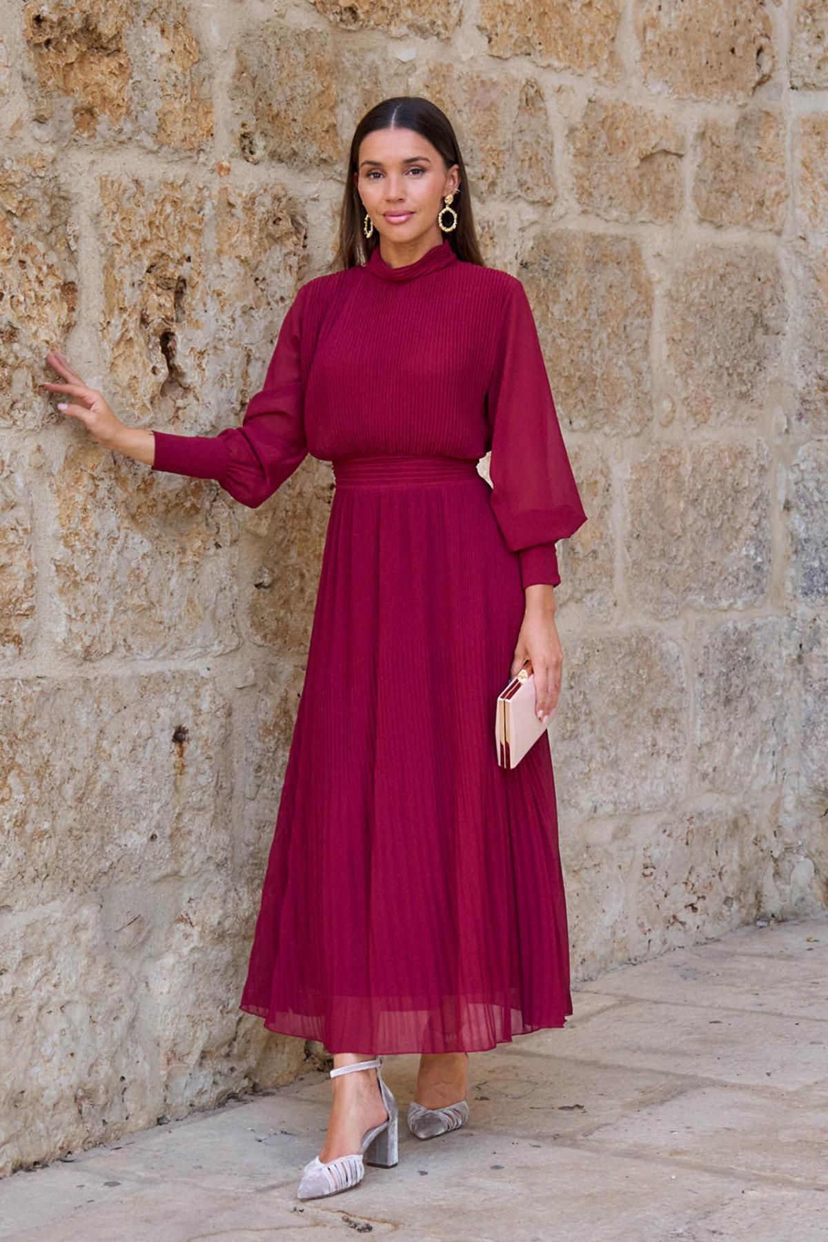 폴린에무아 버건디 롱 원피스 하이넥 셔링 플리츠소매 6442290 GRANATE - 상품 이미지