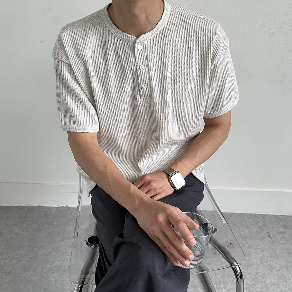 남자 반팔티 오버핏 쿨 여름 티셔츠 헨리넥 반팔 - 상품 이미지