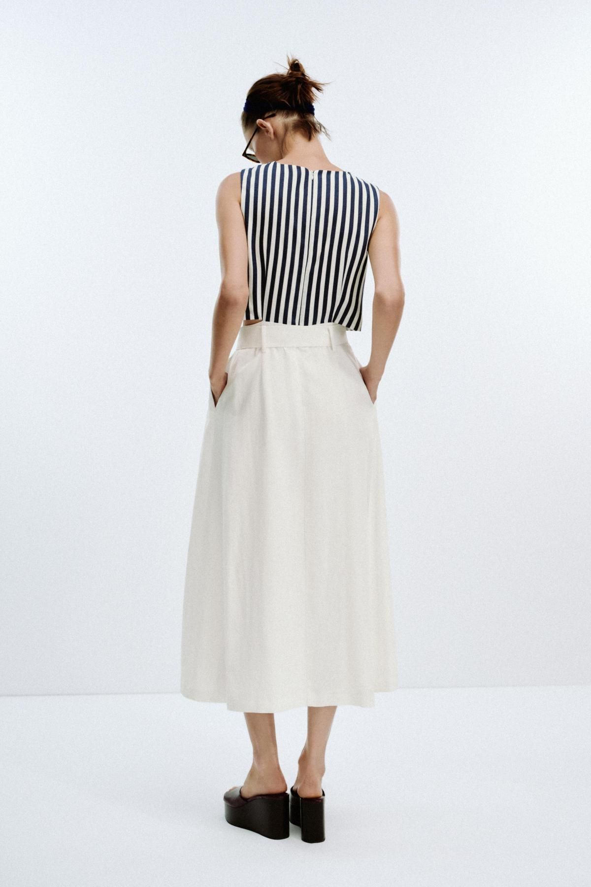 자라 린넨블렌드 스트라이프 벨티드 롱 원피스 8539/393 OYSTER-WHITE - 상세 이미지 4