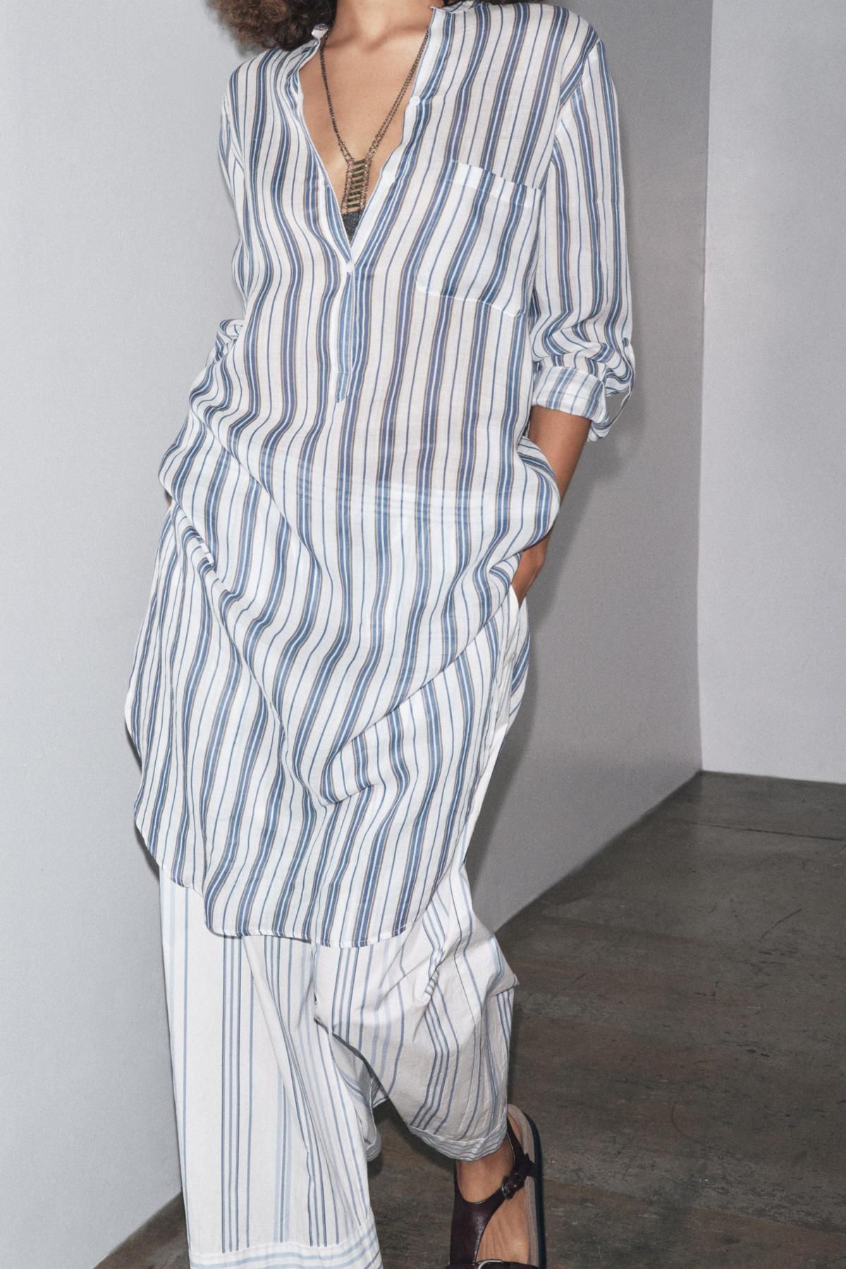 자라 스트라이프 와이드 포플린 팬츠 3821/775 BLUE/WHITE - 상세 이미지 5