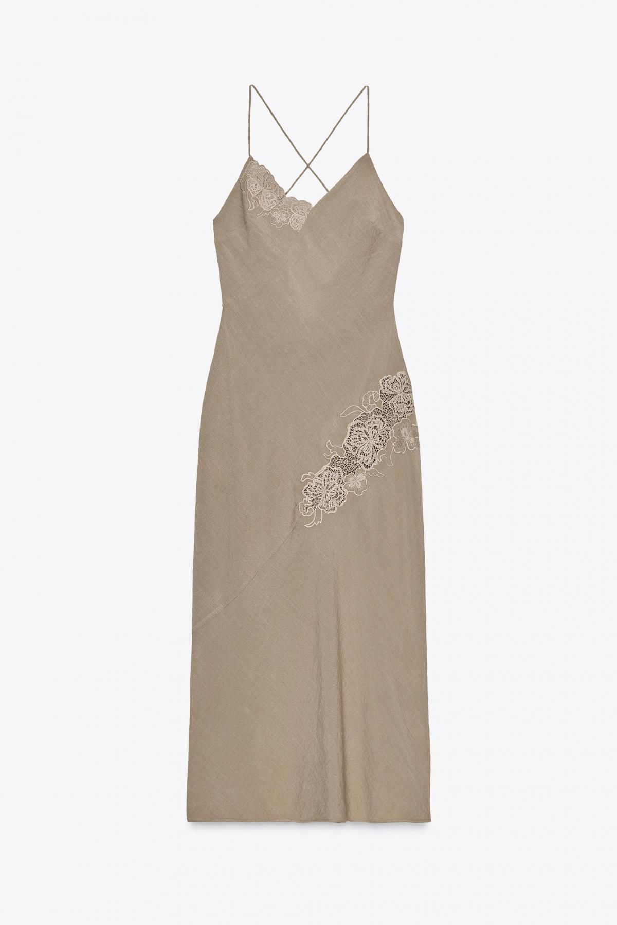 자라 자수 브이넥 미디 캐미솔 원피스 8741/046 BROWN / TAUPE - 메인 이미지