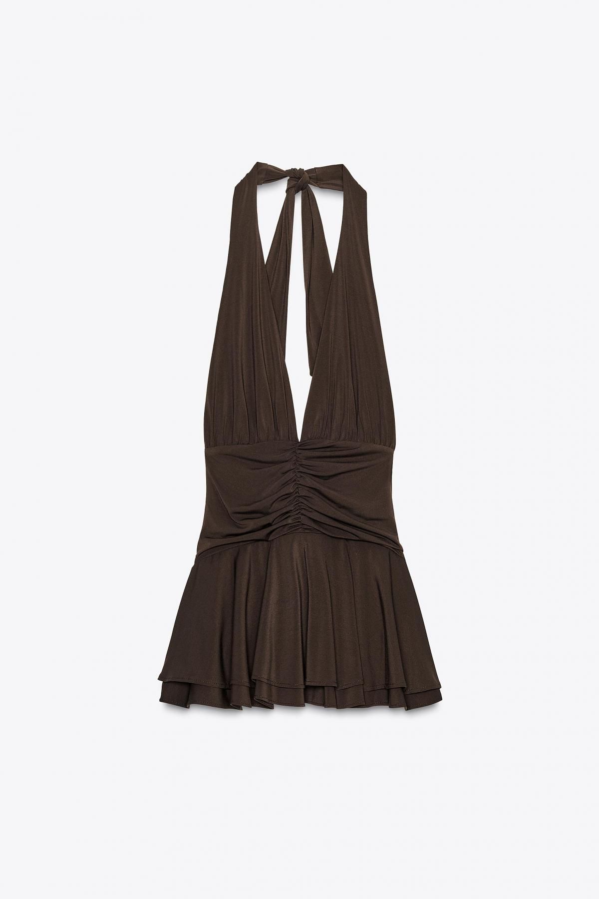 자라 홀터넥 브이넥 셔링 점프수트 미니 원피스 3152/207 DARK BROWN - 메인 이미지