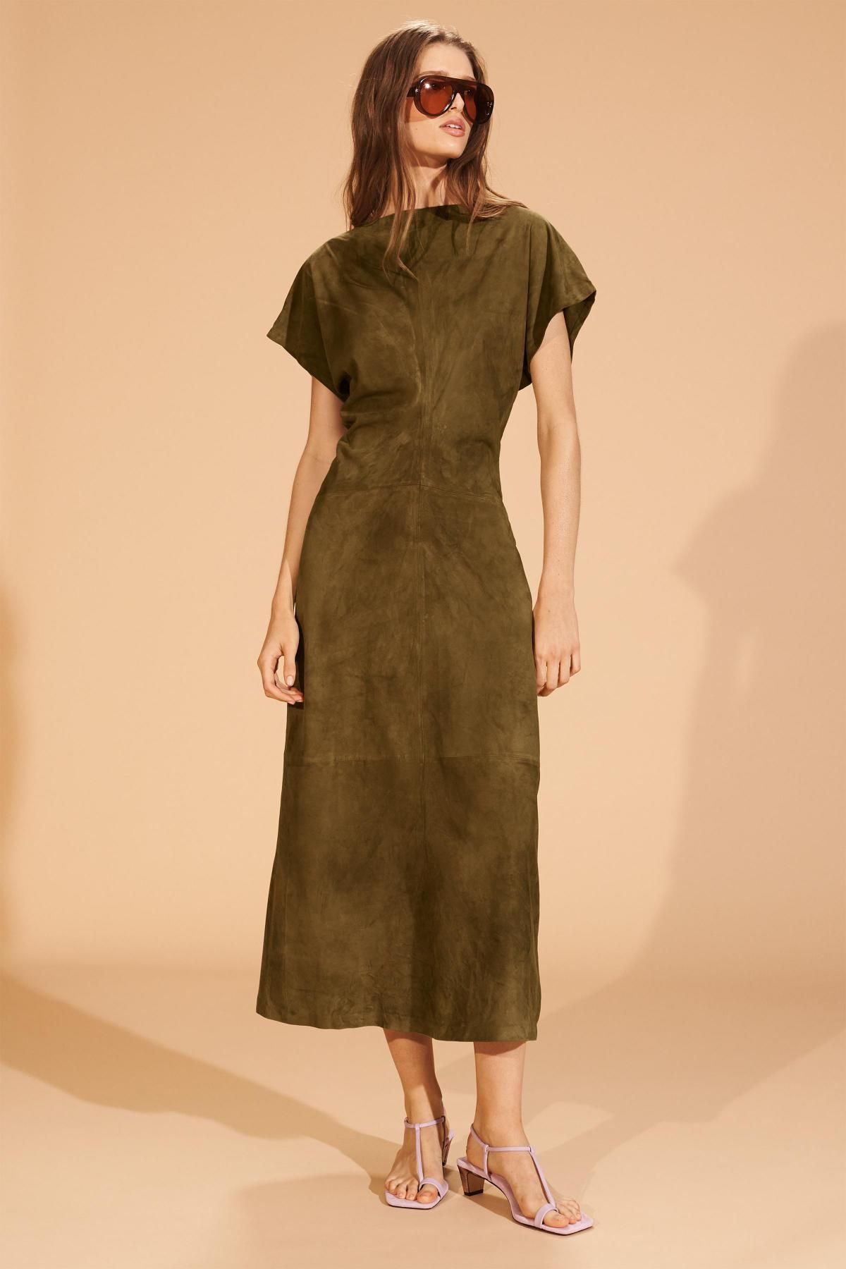 자라 프리미엄 스웨이드 롱 드레이프 원피스 1966/985 OLIVE GREEN - 상세 이미지 4