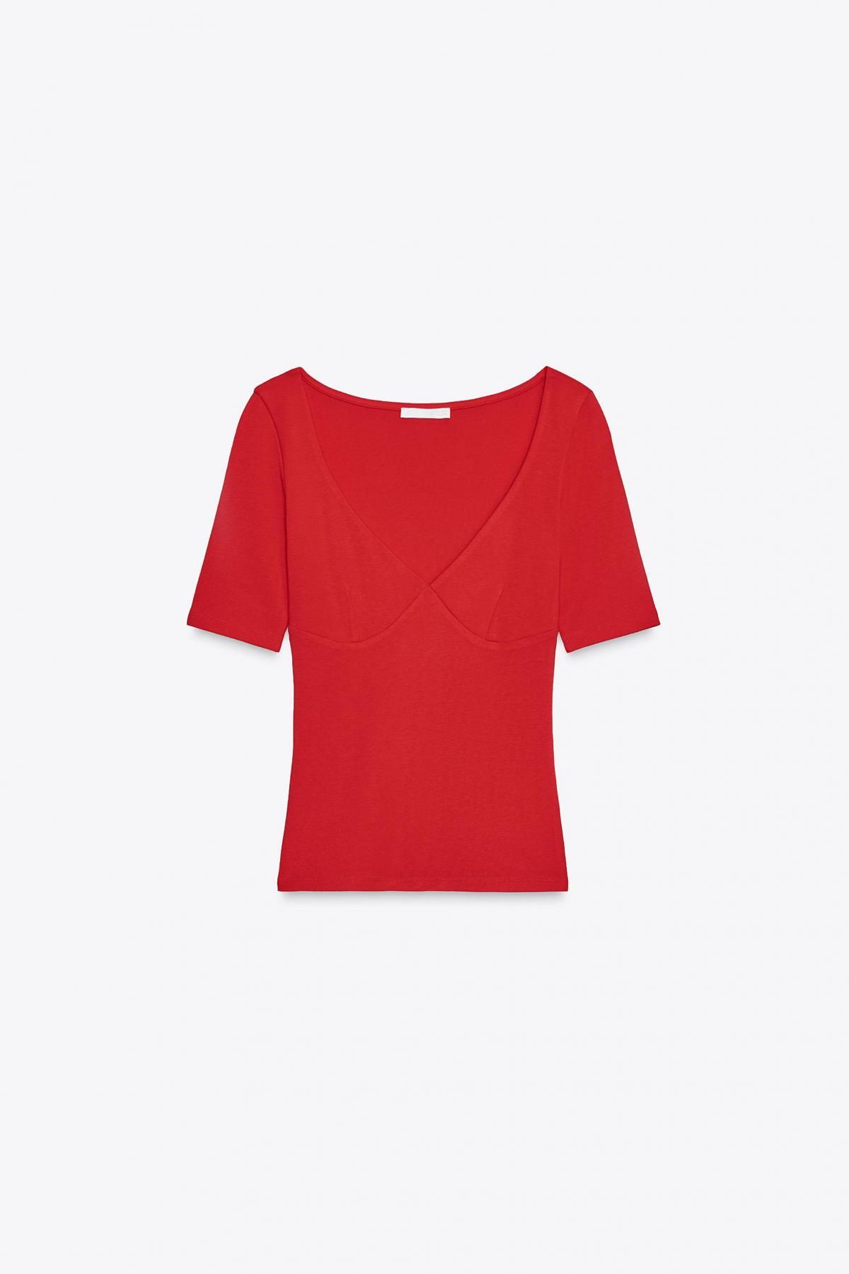 자라 슬림핏 브이넥 코튼모달 반팔 티셔츠 레드 3641/702 RED - 메인 이미지