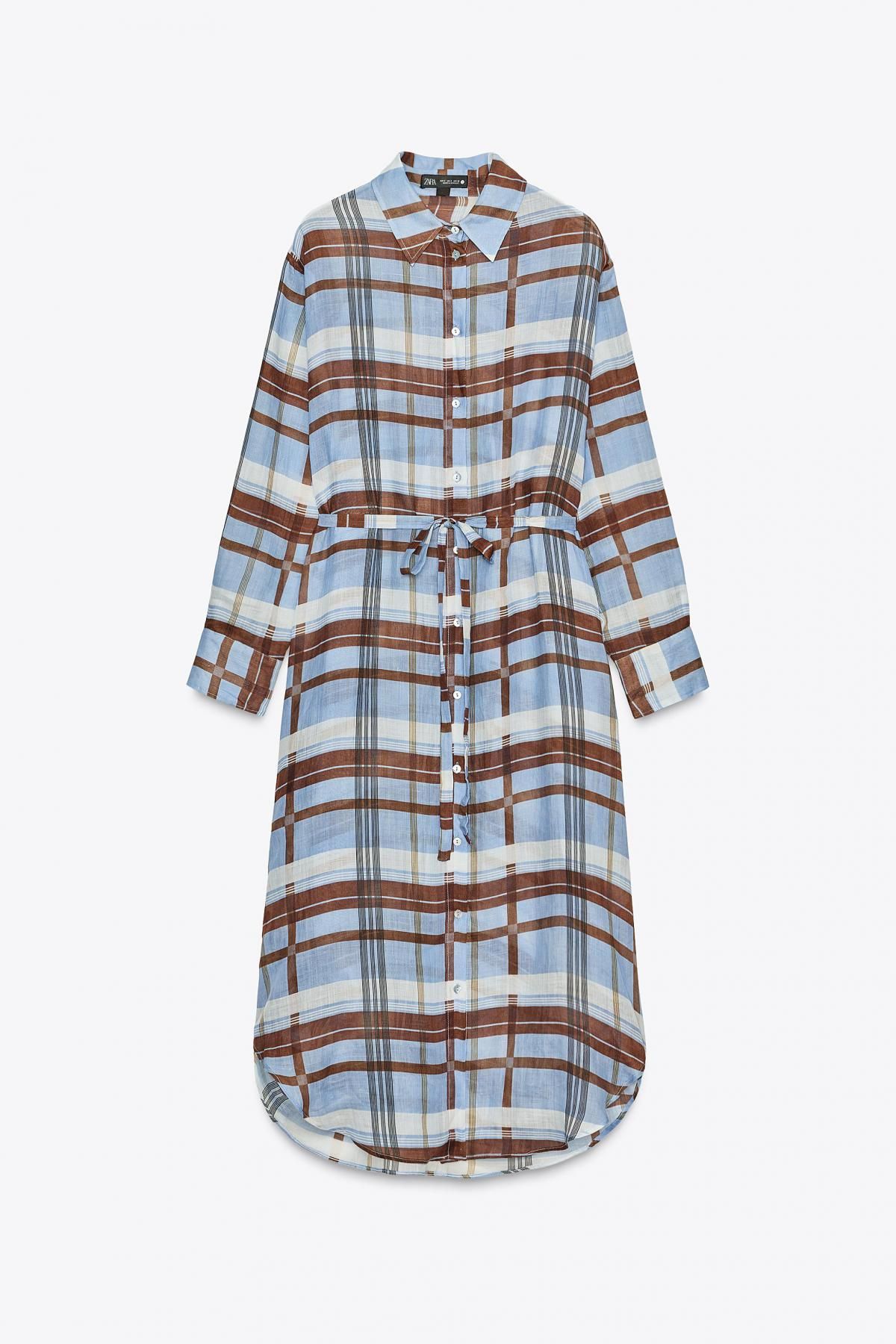 자라 트렌디 체크 패턴 라미 셔츠 롱 원피스 8377/036 LIGHT BLUE - 메인 이미지