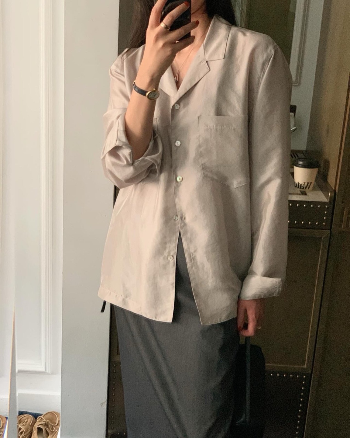 클래식 실크 오간자 셔츠 가을 블라우스 남방