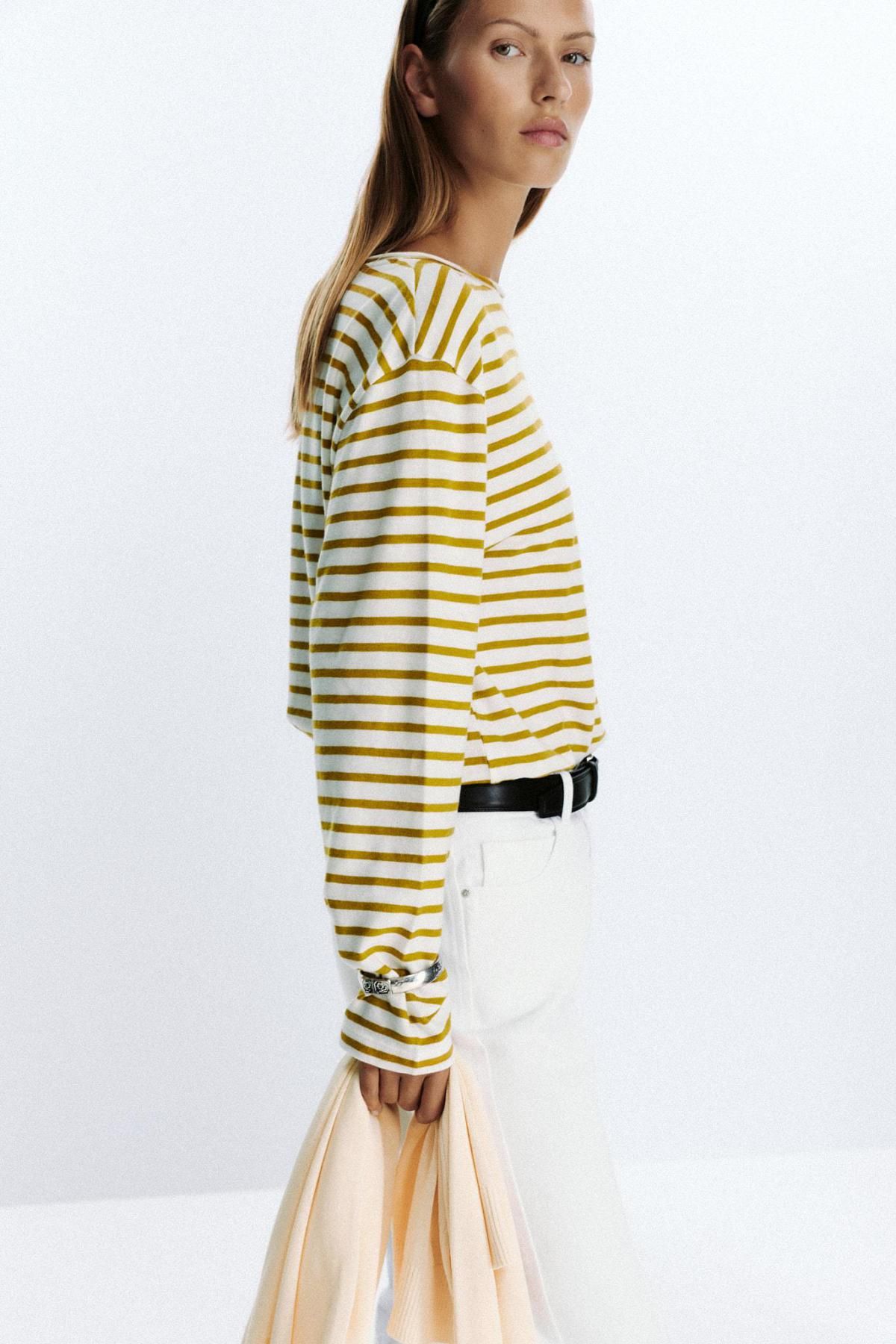 자라 슬럽 스트라이프 코튼 긴팔 티셔츠 4174/639 GREEN STRIPE - 상세 이미지 5