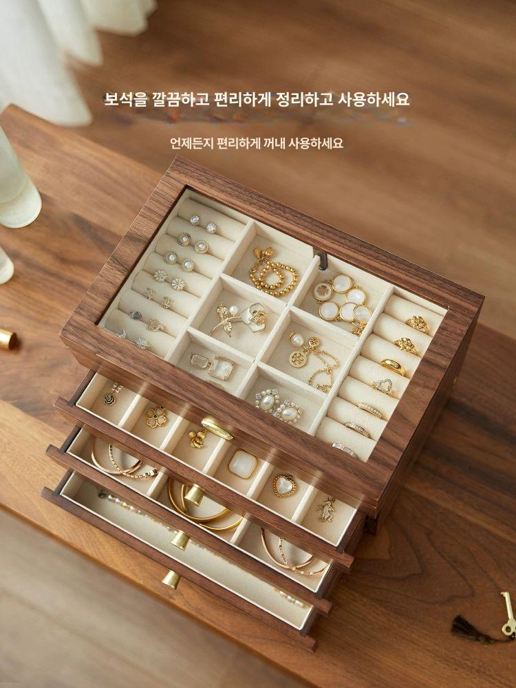 목걸이 악세사리함 귀금속보석함 귀금속보관함 쥬얼리 수납 용량 업그레이드 4층 호두나무색 - 상세 이미지 3