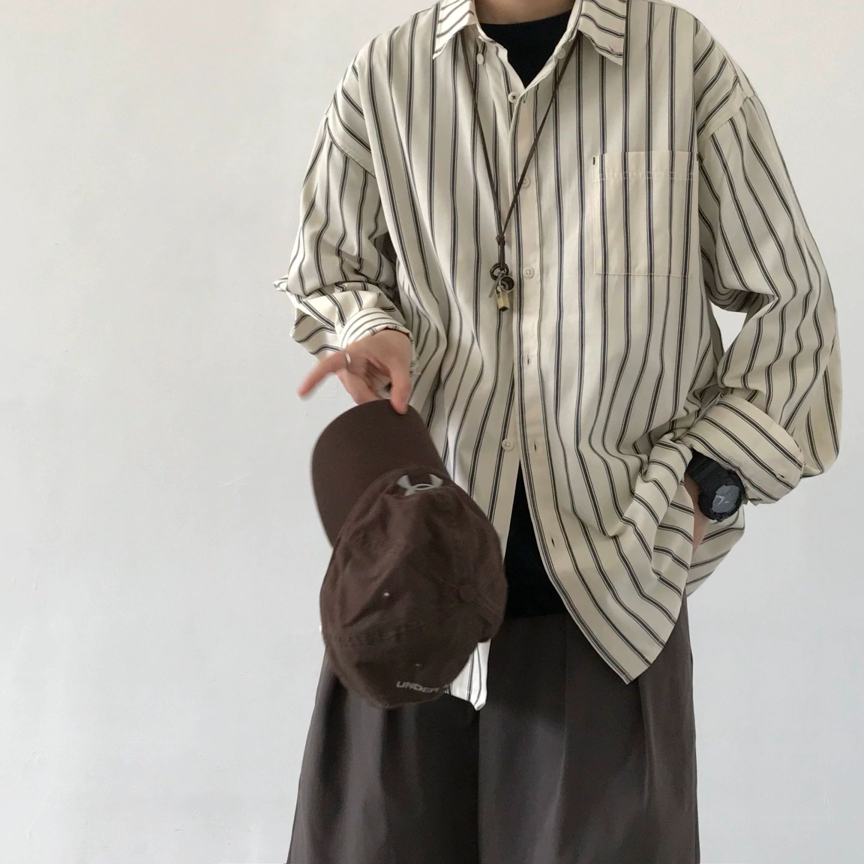 스프라이트 캐주얼 남성 긴팔 줄무뉘 카키 50 면직물-50 폴리에스터 M - 상세 이미지 3