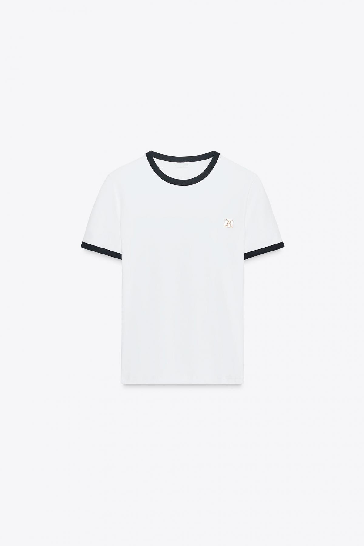 자라 배색 트리밍 브로치 포인트 반팔 티셔츠 5644/807 WHITE - 메인 이미지