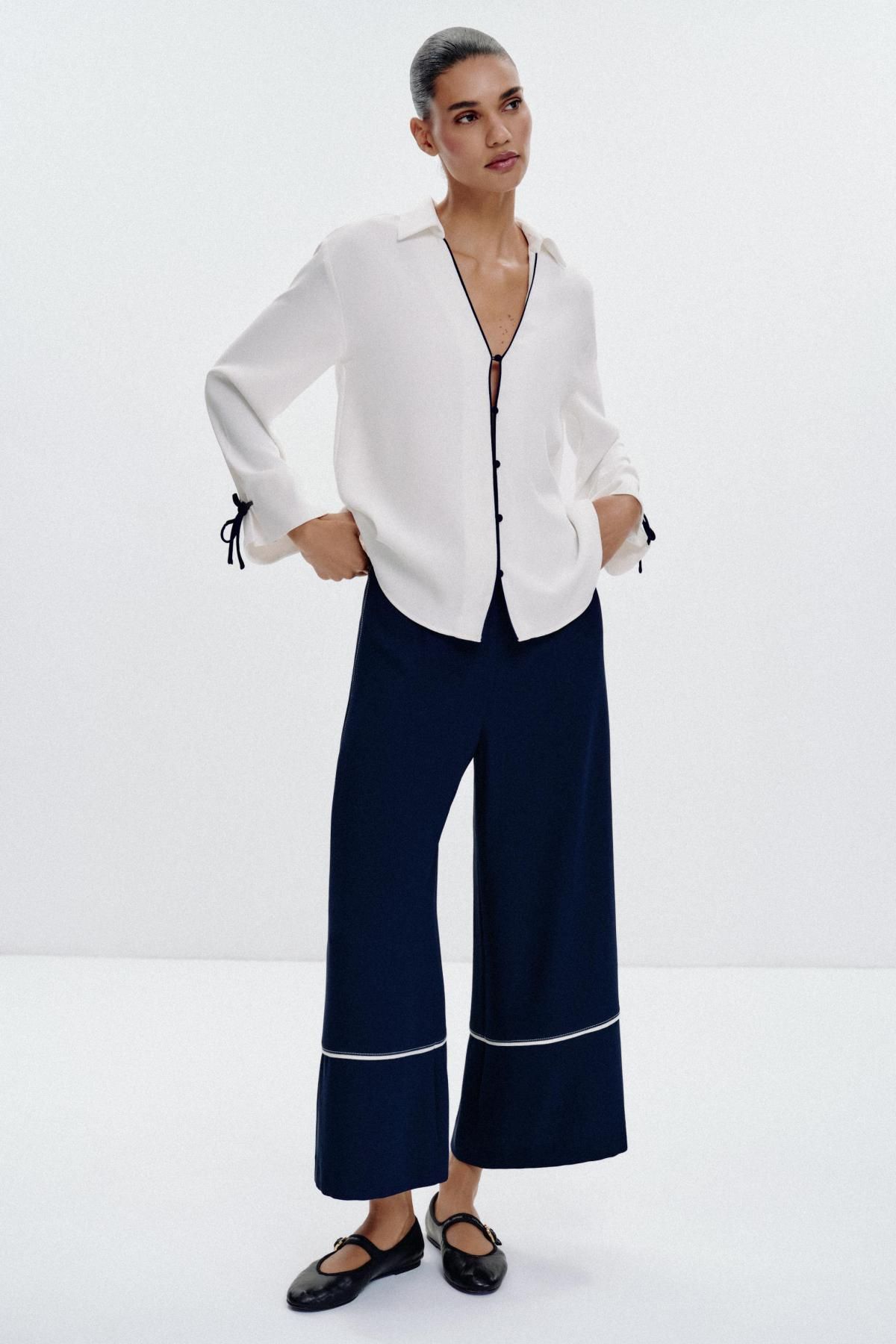 자라 배색 트리밍 브이넥 셔츠 8556/572 OYSTER-WHITE - 상세 이미지 2