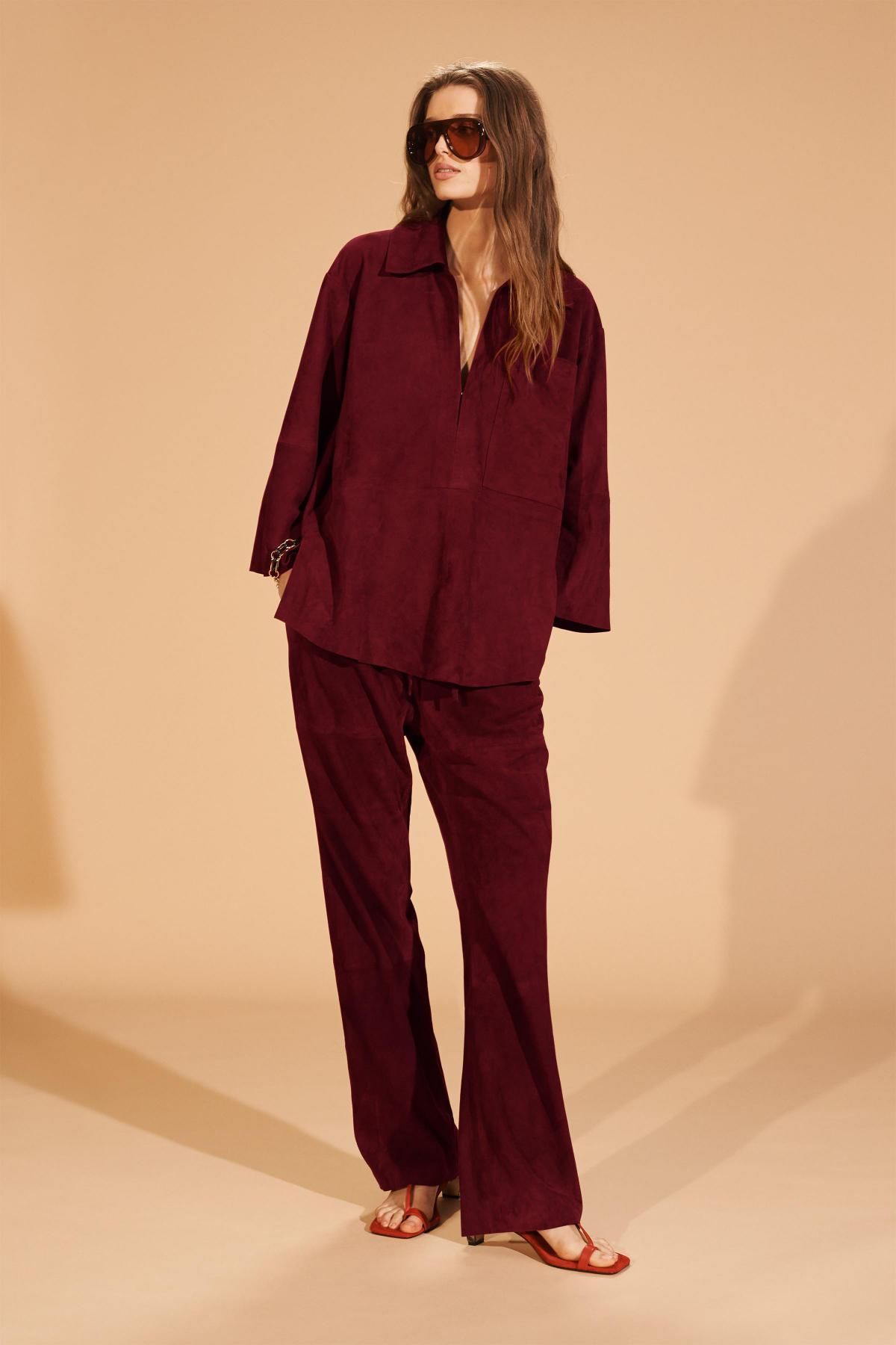 자라 스웨이드 레더 브이넥 포켓 긴팔 셔츠 6098/912 BURGUNDY - 상세 이미지 2