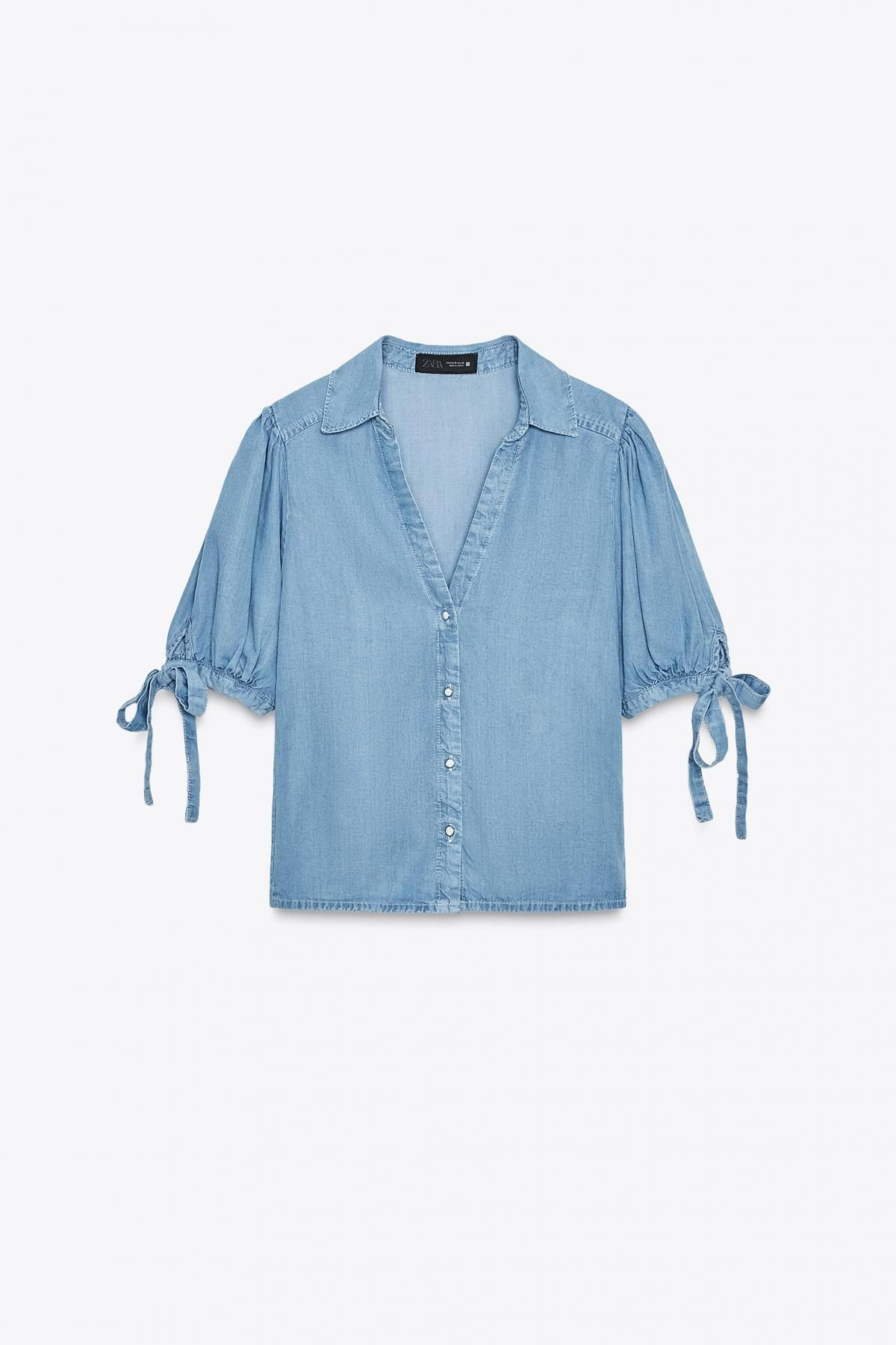 자라 데님 반팔 셔츠 리본타이 브이넥 7484/156 LIGHT BLUE - 메인 이미지