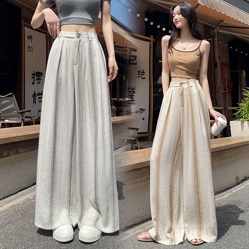 여성 하이웨이스트 리넨 와이드팬츠 여름 스트라이프 코튼 통기성 좋은 드레이프 스타일 편안한 데일리 바지 캐주얼 외출용 - 상품 이미지