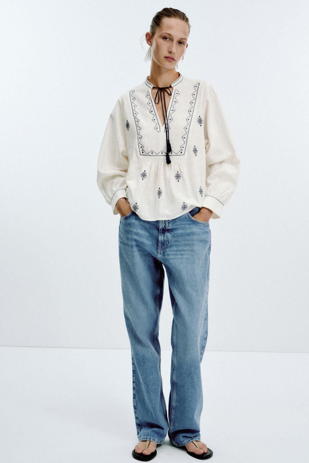 자라 보헤미안 자수 블라우스 라운드넥 태슬 8372/244 WHITE / NAVY - 상세 이미지 2