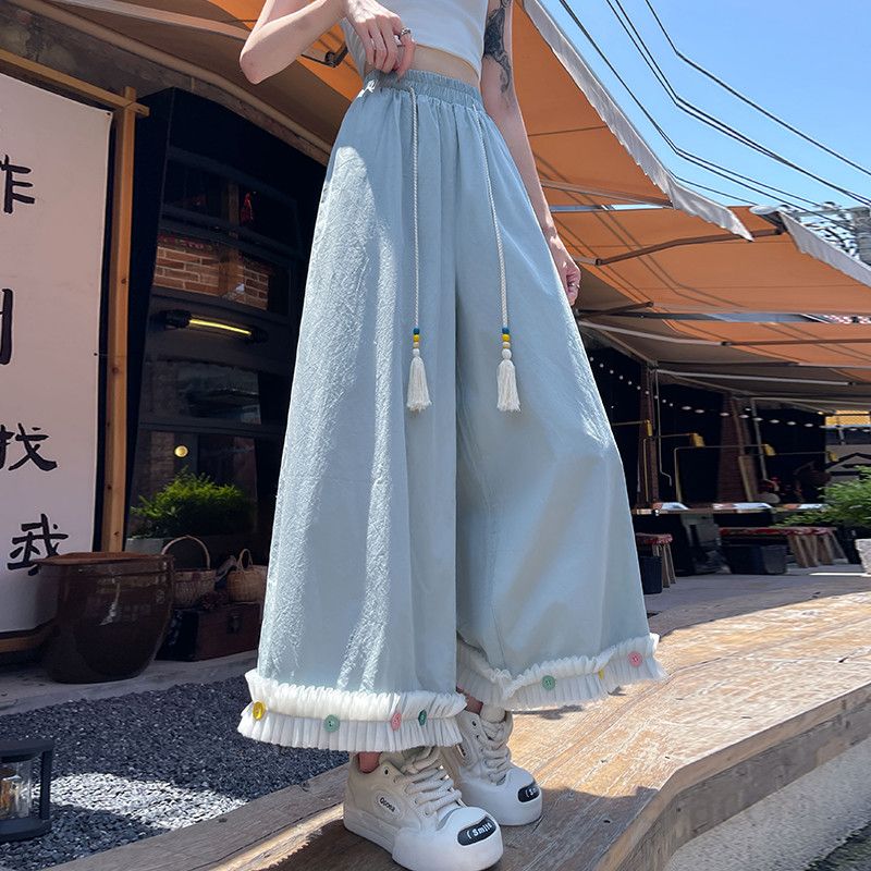 여성 코튼 와이드팬츠 9부 스트레이트 드레이프 스타일 캐주얼 바지 부드러운 착용감 하이웨스트 밴딩 편안한 여름 팬츠 - 상세 이미지 2