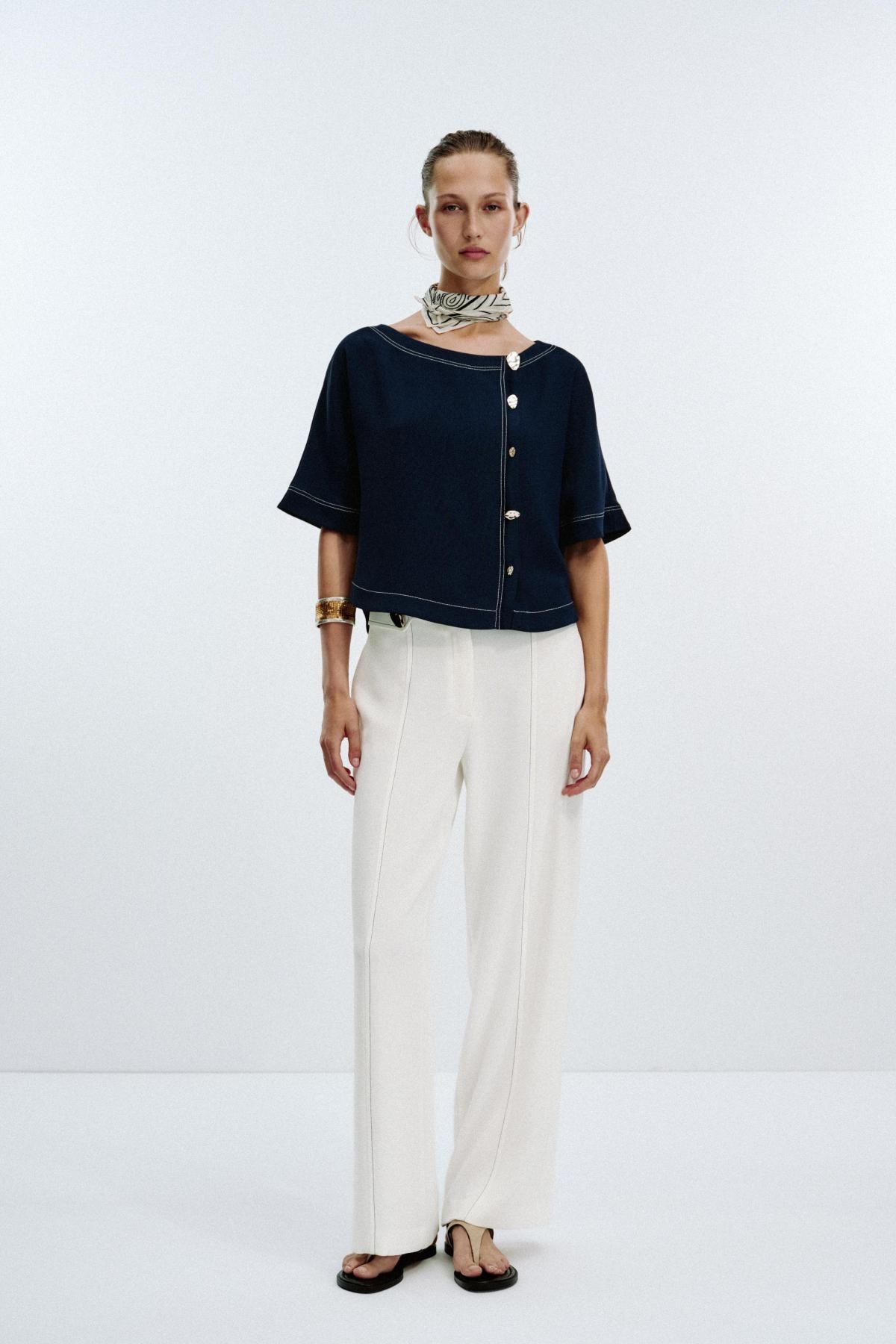 자라 네이비 스티치 보트넥 반팔 블라우스 8554/572 NAVY BLUE - 상세 이미지 2