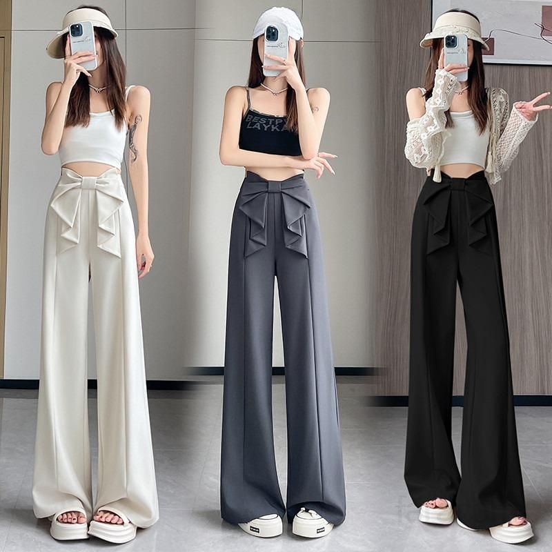 여성 여름 와이드 팬츠 아이스 실크 하이웨이스트 스트레이트 캐주얼 리본 디테일 편안한 착용감 데일리 스타일링 시원한 여성용 바지 - 상품 이미지