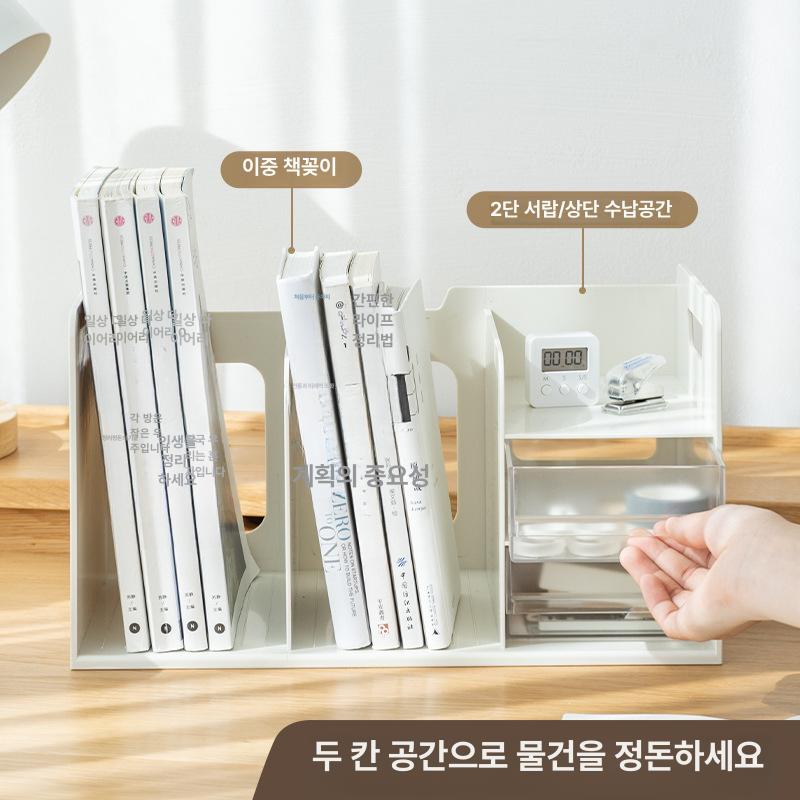 우드책꽂이 원목 폭조절 탁상 책정리대 1단 나무 책장 화이트-투명 서랍 - 상세 이미지 3