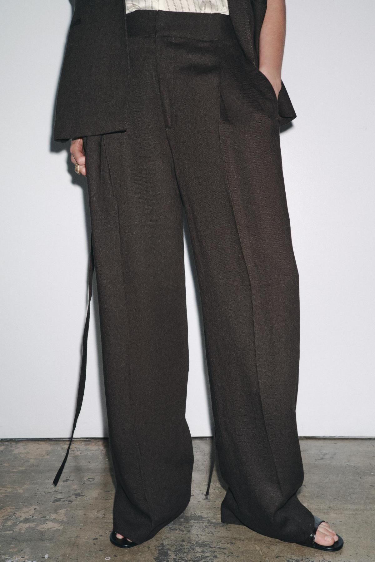 자라 린넨 혼방 플리츠 팬츠 3736/244 BROWN