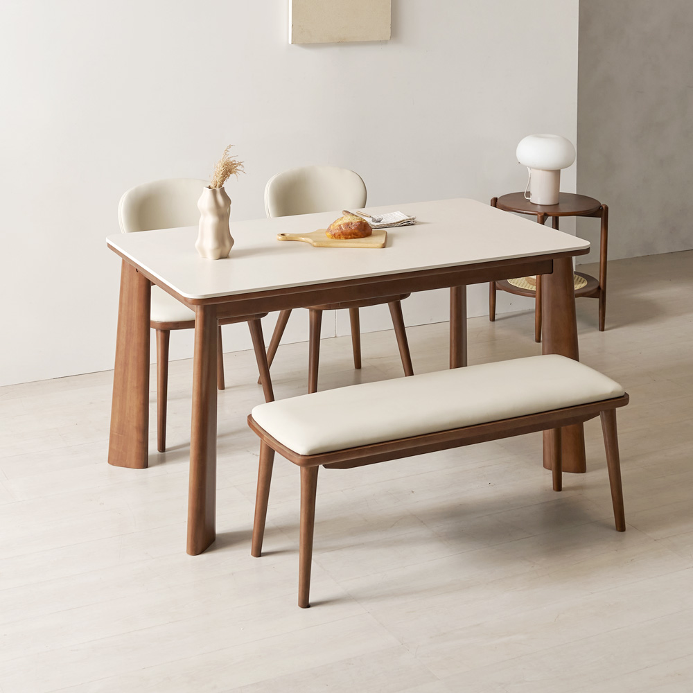 브로나 4인용 포세린 세라믹식탁 세트 원목 테이블 세라믹상판 식탁+의자2+벤치1, 1400mm, 월넛