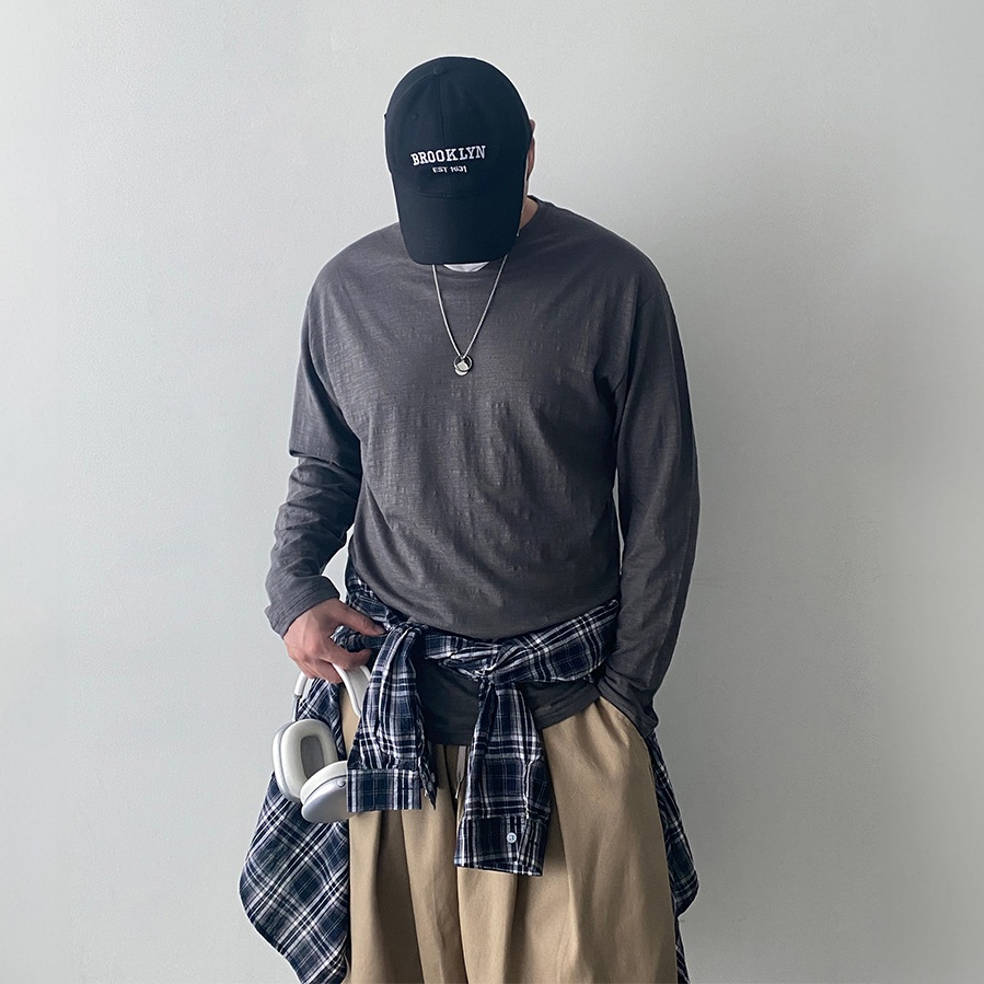 남자여름티셔츠 린넨 긴팔 라운드티 롱슬리브 바캉스 - 상품 이미지