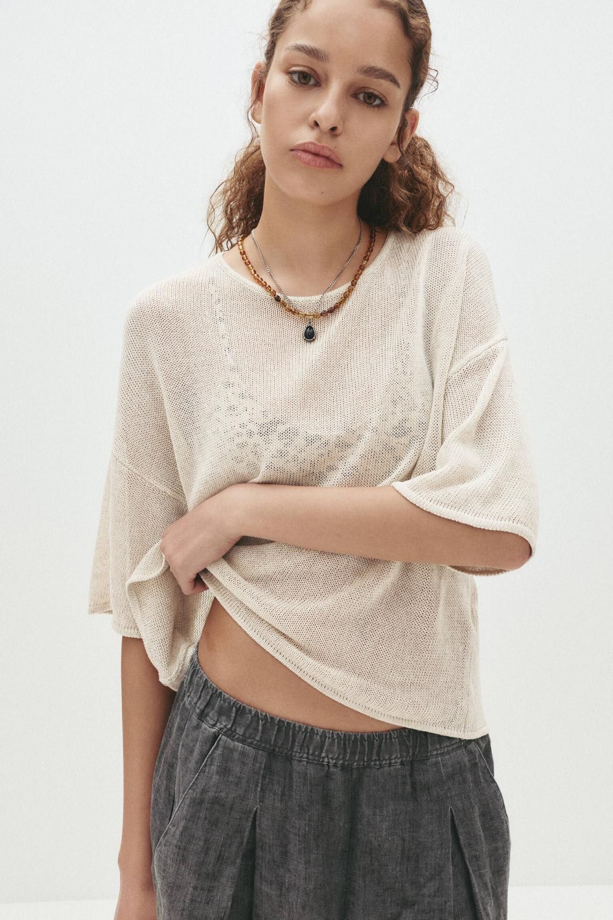 풀앤베어 라운드넥 린넨 혼방 니트 반팔 스웨터 7550/341 BEIGE - 상세 이미지 4
