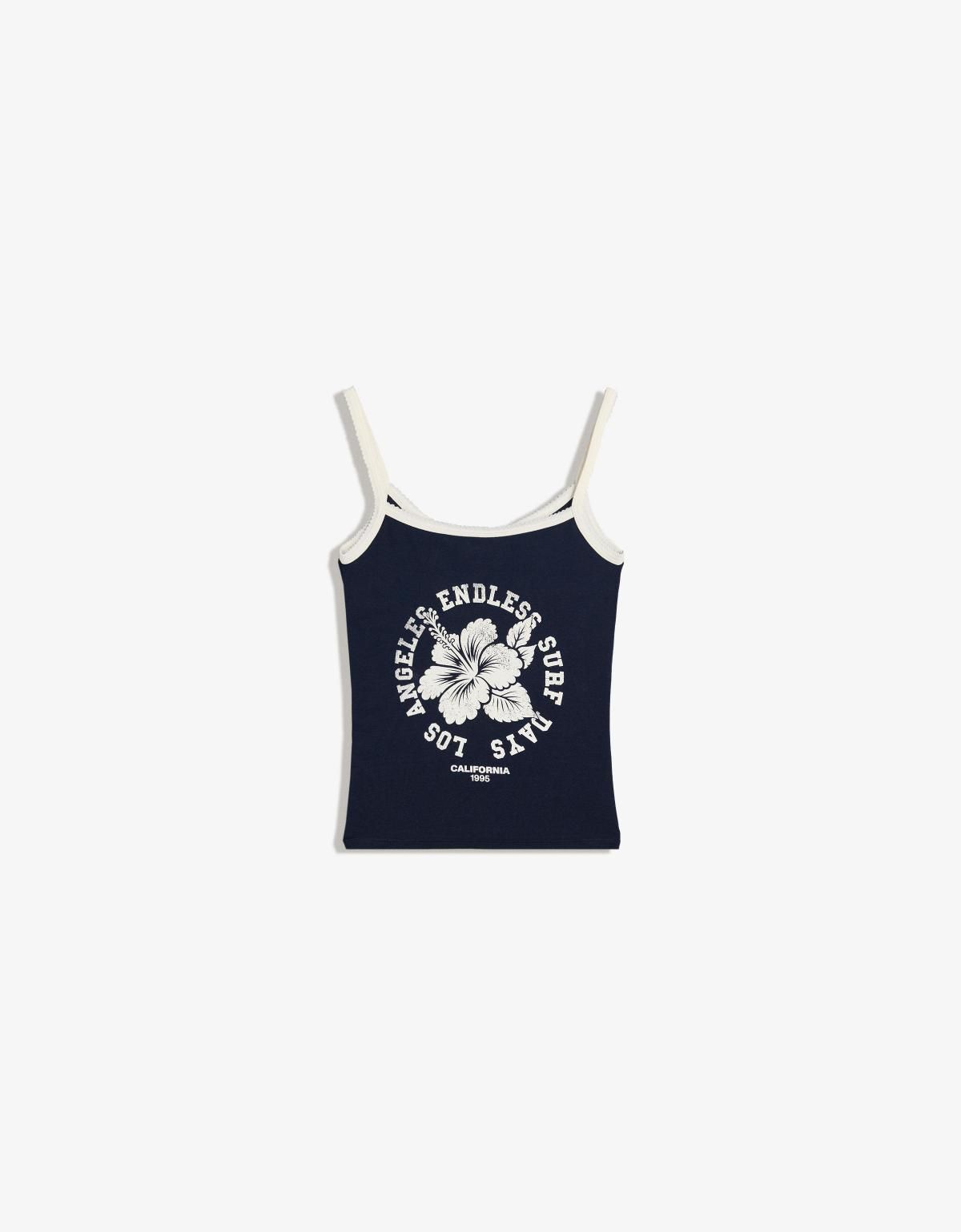 버쉬카 프린트 스트랩 슬리브리스 탑 8884/152 NAVY - 상품 이미지