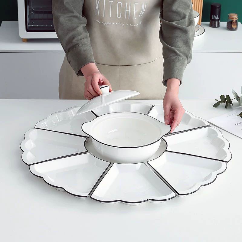 구절판 회전트레이 나눔접시 트레이 접시 도자기 8개 꽃무늬 접시+품냄비 조합 60cm - 상세 이미지 3