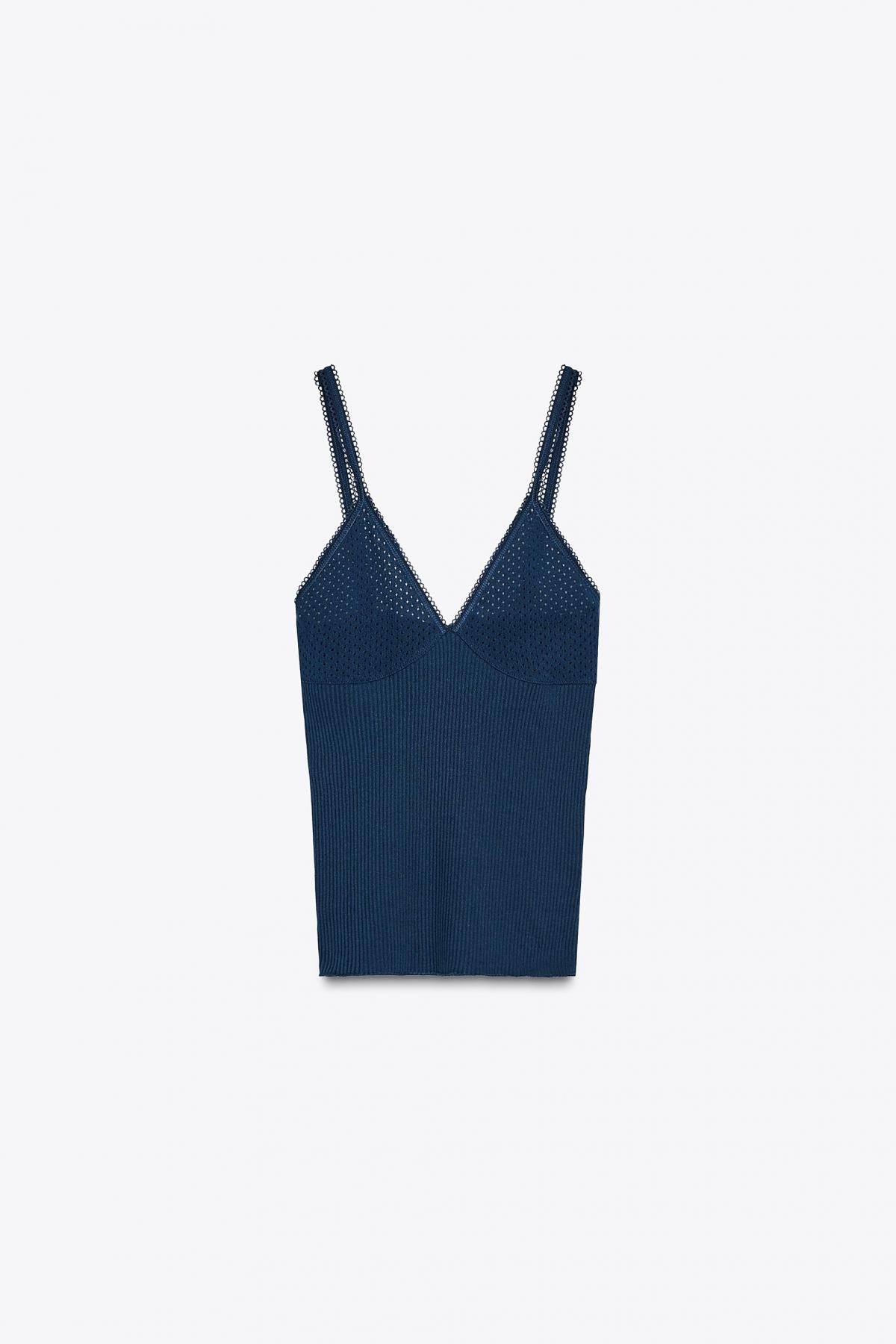 자라 테크니컬 립 포인텔 민소매 니트탑 브이넥 5644/825 NAVY BLUE - 메인 이미지