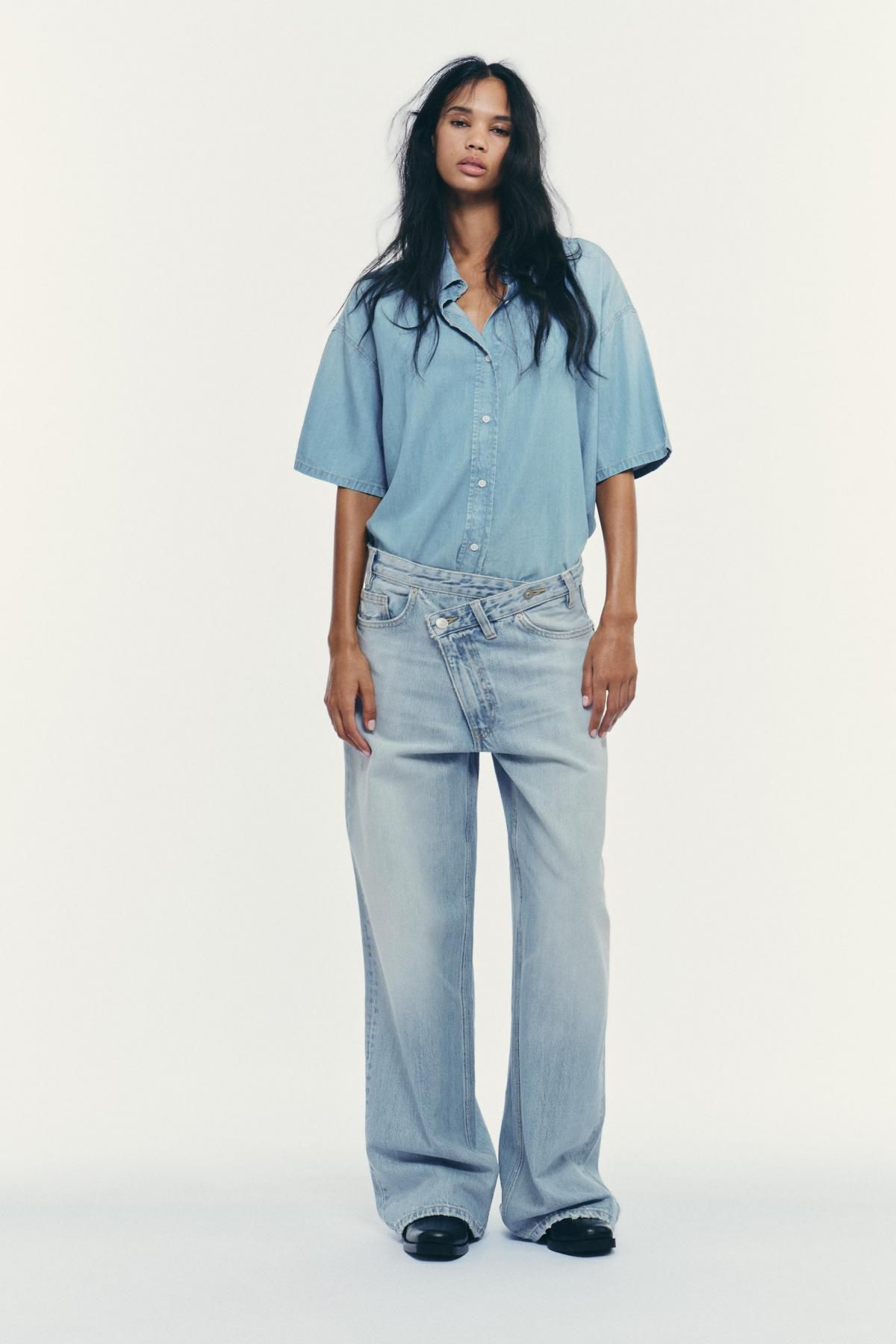 자라 트렌디 크롭 데님 반팔 셔츠 0250/261 LIGHT BLUE - 상세 이미지 2