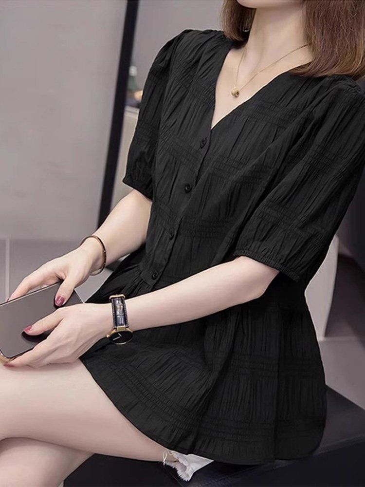 여름 브이넥 셔링 펩럼 쉬폰 반팔 블라우스 여성 bying24 이미지 6