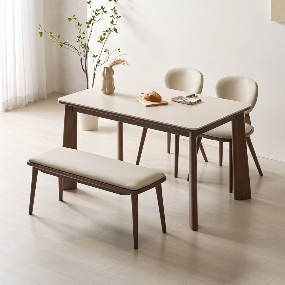 브로나 4인용 포세린 세라믹식탁 세트 원목 테이블 세라믹상판 식탁+의자2+벤치1, 1400mm, 월넛