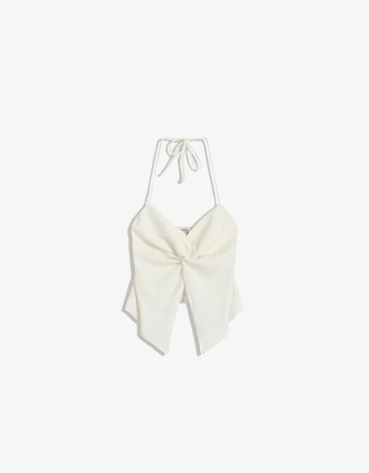 버쉬카 텍스처 리본 민소매 홀터넥 탑 8701/360 OFF WHITE - 상세 이미지 4