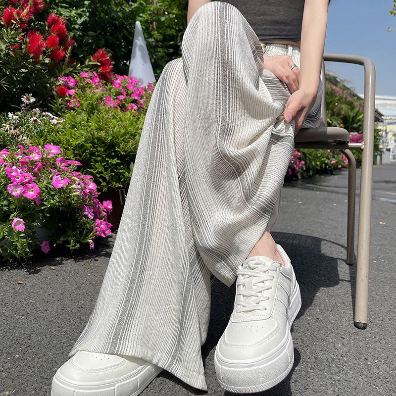 여성 하이웨이스트 리넨 와이드팬츠 여름 스트라이프 코튼 통기성 좋은 드레이프 스타일 편안한 데일리 바지 캐주얼 외출용 - 상세 이미지 4