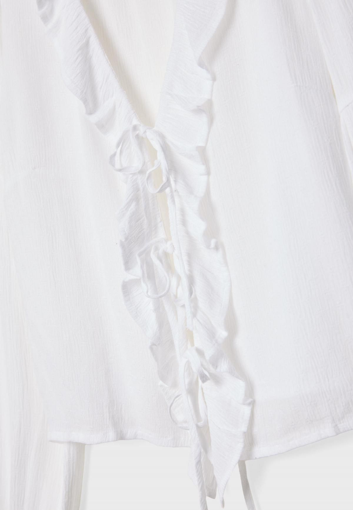 스트라디바리우스 러플 브이넥 루즈핏 블라우스 6051/438 WHITE - 상세 이미지 2