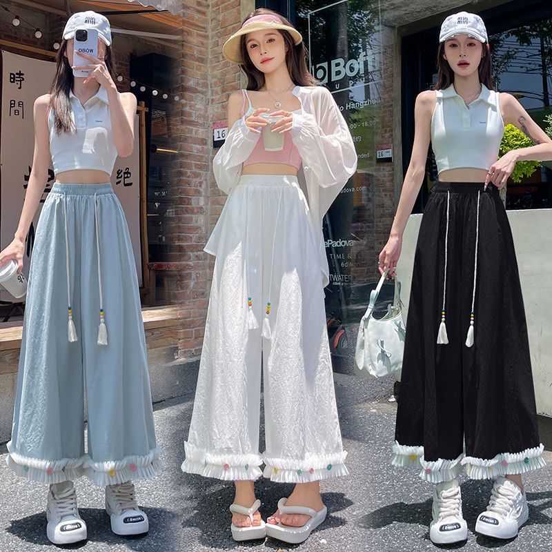 여성 코튼 와이드팬츠 9부 스트레이트 드레이프 스타일 캐주얼 바지 부드러운 착용감 하이웨스트 밴딩 편안한 여름 팬츠 - 상품 이미지