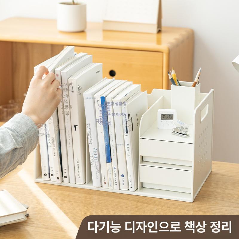 우드책꽂이 원목 폭조절 탁상 책정리대 1단 나무 책장 화이트-투명 서랍 - 상세 이미지 2