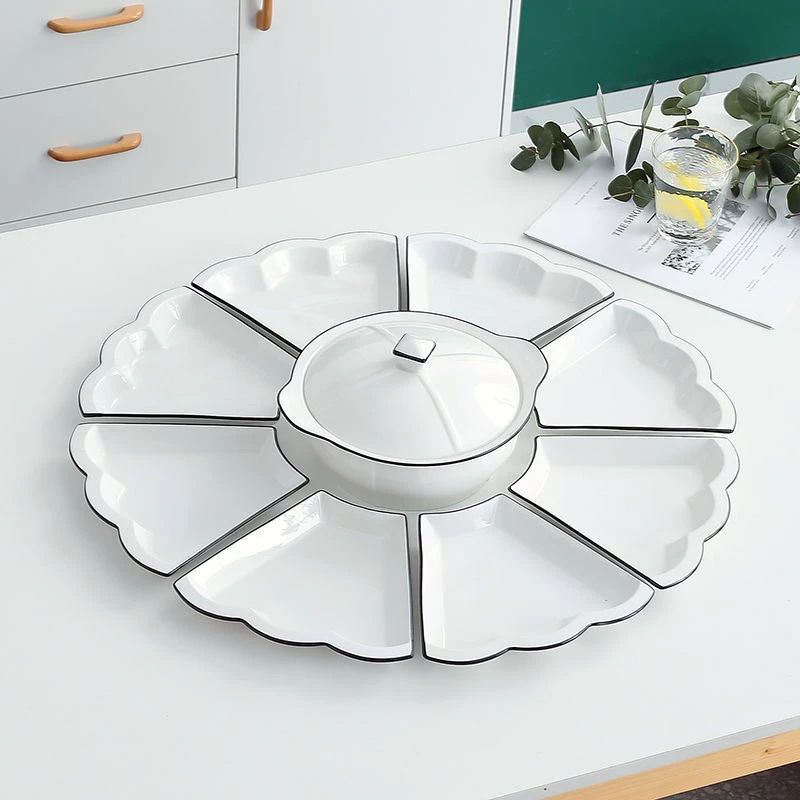 구절판 회전트레이 나눔접시 트레이 접시 도자기 8개 꽃무늬 접시+품냄비 조합 60cm - 상품 이미지