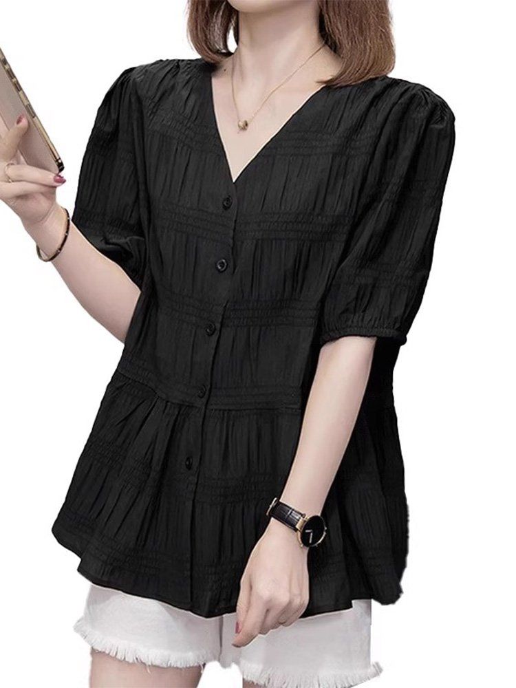여름 브이넥 셔링 펩럼 쉬폰 반팔 블라우스 여성 bying24 이미지 7