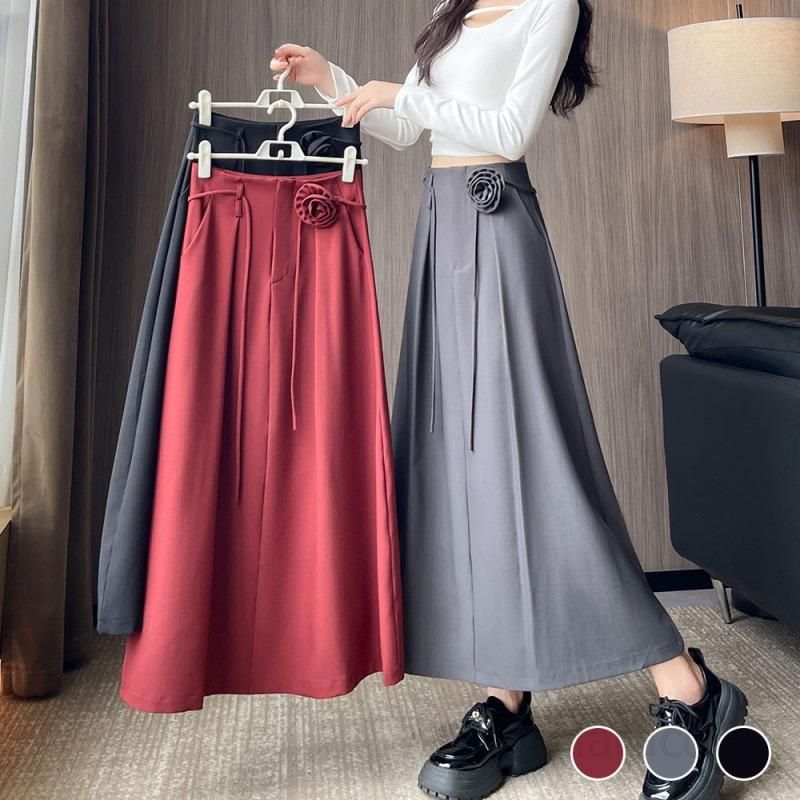 여성 a라인 롱스커트 가을 신상 입체 꽃무늬 하이웨이스트 슬림핏 힙 커버 스타일 캐주얼 데일리 외출용 모던한 디자인 - 상품 이미지