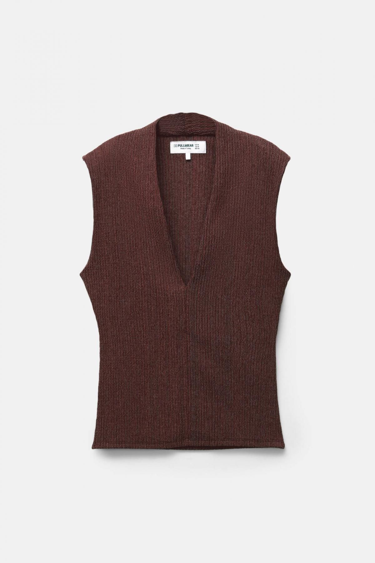 풀앤베어 슬림핏 브이넥 크레이프 민소매 니트 탑 7152/360 BURGUNDY - 메인 이미지